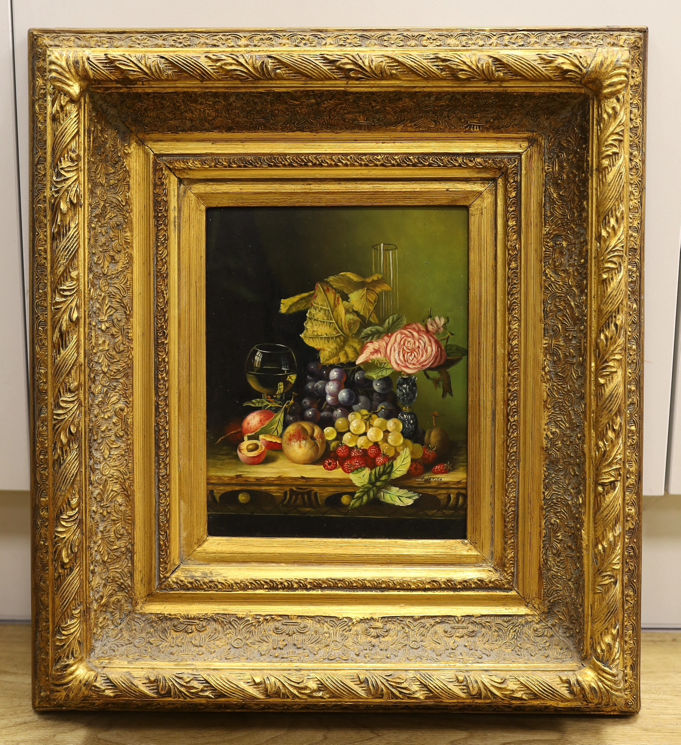 L. Jensen (Contemporary), oil on board, Still life of fruit and flowers, signed, 24 x 19cm, ornate gilt frame